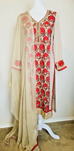 Damen Chiffon schwere Stickerei indisch pakistanisch Shalwar Kameez 3-teilig beige Größe L  - Bild 1 von 12