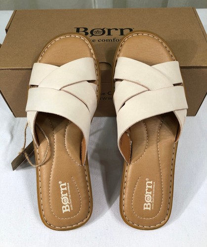 NIB BORN Womens Ilana Criss-Cross Leather Slide Flat Sandal US 8/EUR 38-39 White - Picture 13 of 24