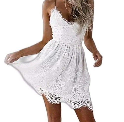 Aooksmery mini abito bianco pizzo corsetto schiena scollo a cuore piccolo/6 - Foto 1 di 10