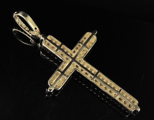 Men's 10K Yellow Gold Real Diamond 3 Row Prong Cross Pendant 1.1 CT 1.8" - Picture 5 of 8