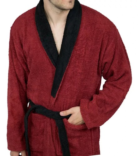 Mens Bathrobe Terry Cotton Cloth Robe Shawl Collar Bathrobe Contrast Design - Picture 23 of 37
