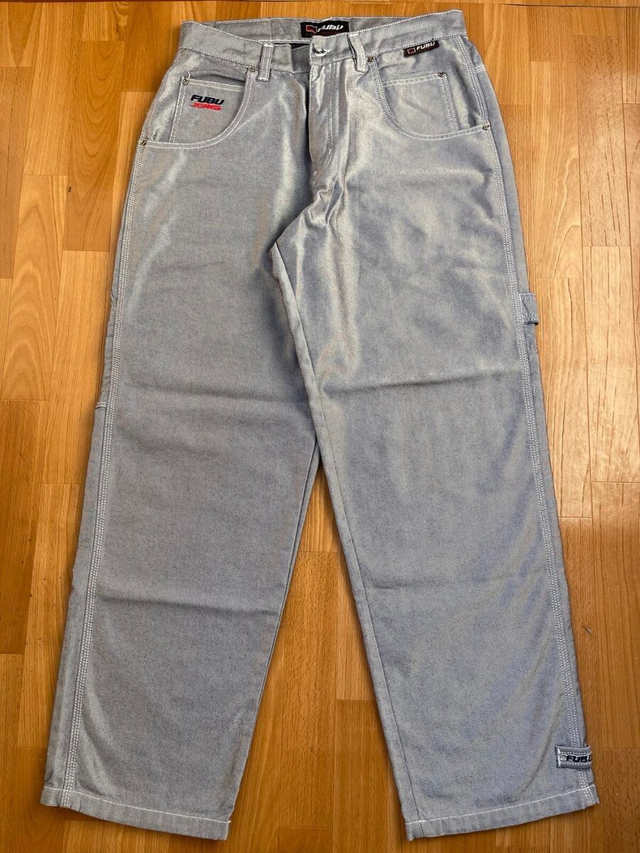 FUBU jeans, shiny gray, vintage baggy, silver, metallic, 90s FUBU jeans, shiny gray, vintage baggy, silver, metallic, 90s