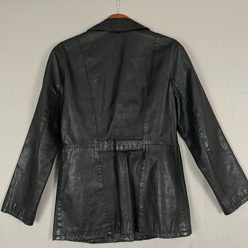 Vintage Vera Pelle Leather Jacket Women's 44 Black Lined Pockets Button Front - Picture 4 of 7