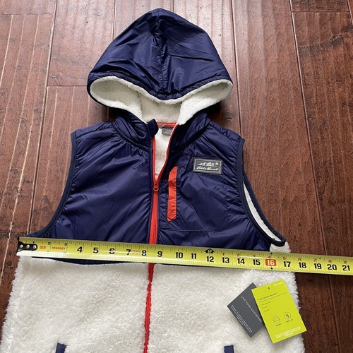 NWT Eddie Bauer KIDS Fleece Vest Navy Blue Ivory Red Trim Faux Fur Size L 14 - Picture 7 of 10