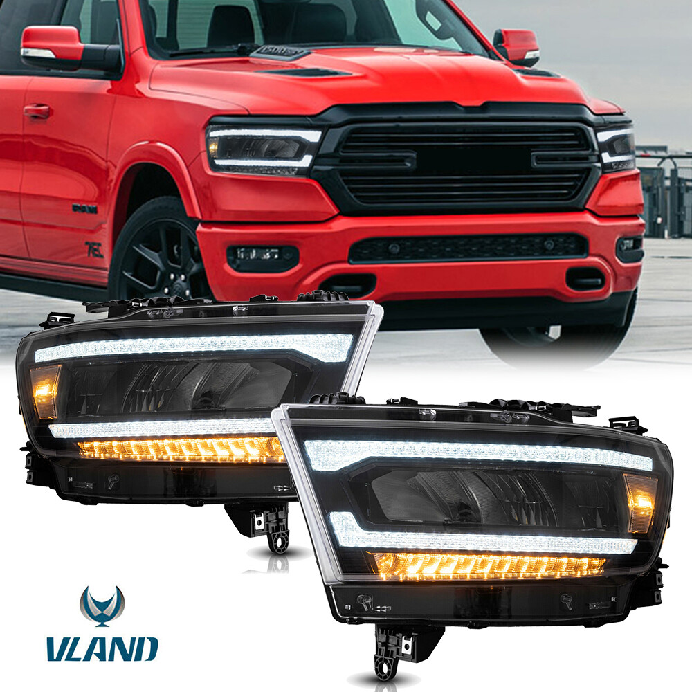 VLAND Full LED Headlight Assembly Pair For Dodge Ram 1500 (2019-2021) – Black Housing, Projector, DOT