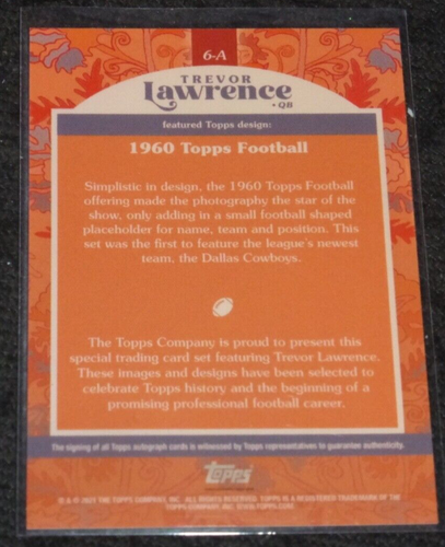 2021 Topps X Trevor Lawrence #6-A 1960 AUTO SIGNED ORANGE #D/99 RC Jaguars - Picture 2 of 2