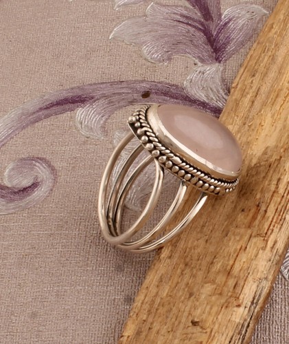 Rose Quartz Gemstone Three Layer Ring 925 Sterling Silver Wedding Jewelry Gift - Imagen 3 de 9