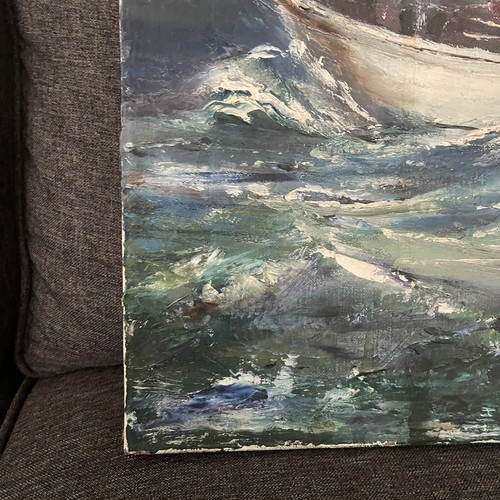 Oil On Canvas Painting Storm At Sea Sailboat Ship Ocean Impressionism 20x28” Vtg - Picture 3 of 18