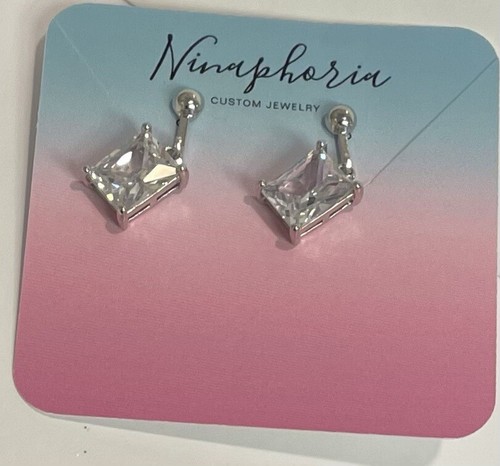 SILVER WHITE GOLD TONE RECTANGLE RADIANT CUT FAUX DIAMOND CLIP ON DANGLE Earring - Picture 7 of 7