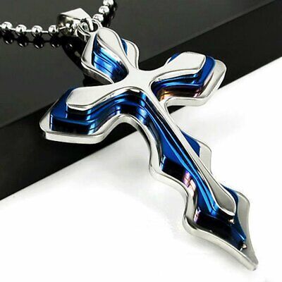 Men's 3D Blue Silver Tone Stainless Steel Thick Large Cross Pendant Punk Cool 5C