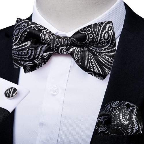 Silk Mens Bow Tie Black White Paisley Bowtie Jacquard Woven Adjustable Pre-ti... - Picture 2 of 7