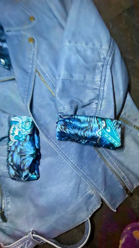 Fantazia Jacket Womens Large Blue Vegan Leather Denim Look Bomber Motorcycle Hot - Picture 7 of 21