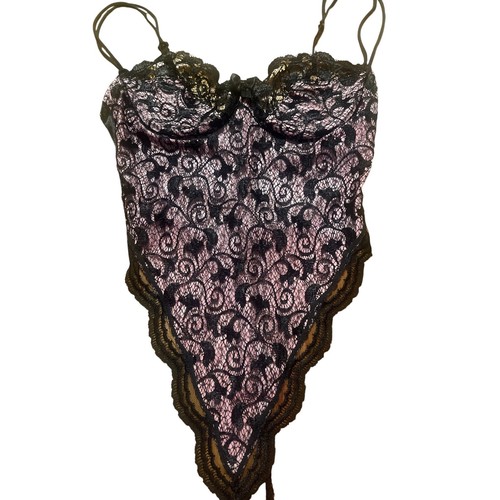 Vintage Victoria's Secret Lace Bodysuit Black Pink Lingerie Adjustable Strap 36B - Picture 3 of 8