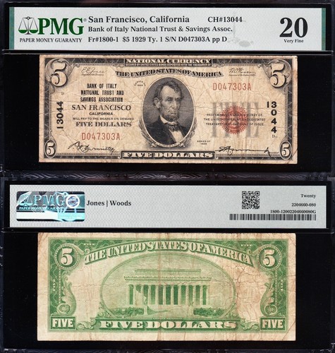 SCHÖNER *SELTEN* 1929 5 $ "Bank of Italy" SAN FRANCISCO, CA National Note PMG 20!