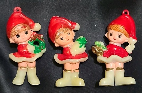 Vintage 3 Christmas Pixies Plastic 2.5" Figure 1962 Hong Kong - Picture 2 of 9