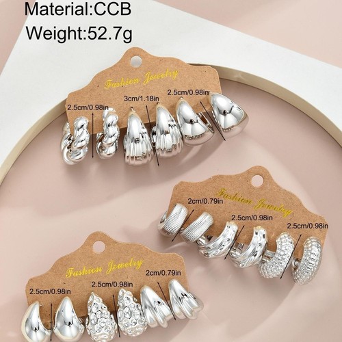 9 Piece Womens Earrings Set Modern Geometric Round Design Silver Tone CCB - Picture 2 of 8