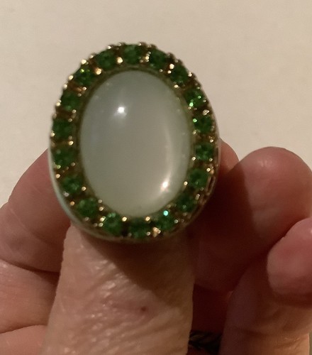 Vtg Green Enamel Sterling Silver Cabochon Moonstone W/Green Rhinestones Ring 7.5