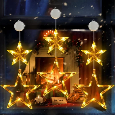 FULYBAO 3 Pack LED Christmas Stars Window Lights, Battery Operated Window Lights Christm
