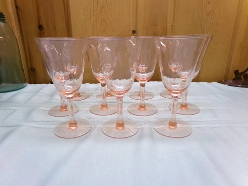 Set Of 11 Pink Depression Glass Water/ Wine Glasses 6.5 Inches Tall