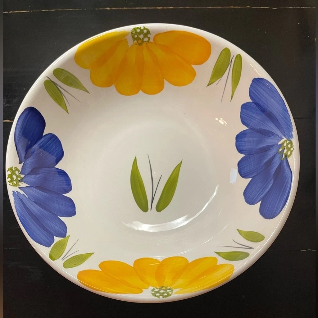 Madam Mixing Bowl Hand painted Made in Italy Daisy Floral Yellow Blue 12” Vtg.