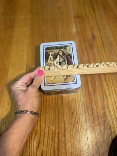 Vintage Tin Box With Girl & St. Bernard Dog Print Blue Trim Nostalgic - Picture 10 of 10