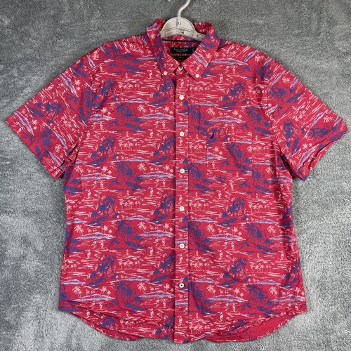 Nautica Shirt Mens XL Red Blue Surfer Beach Palm Tree All Over SS Stretch Tiki - Picture 3 of 9