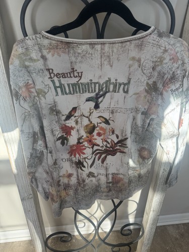 Boho Hummingbird Floral Graphic Top Rhinestone Nature Print Shirt X-Large USA - Picture 3 of 10