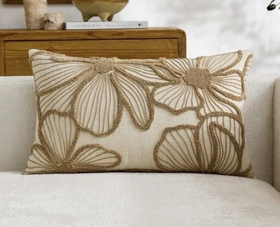 Modern Minimalistic Beige Floral Embroidered Pillow Case Boho Indoor Decor 1pc - Image 1 of 4