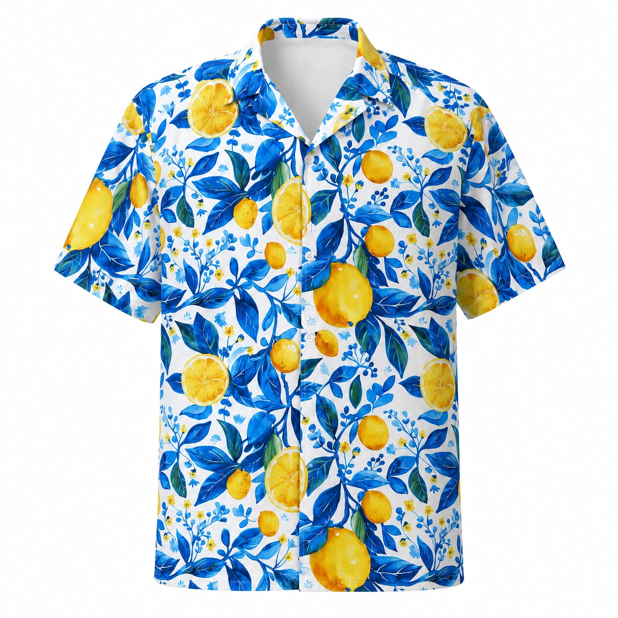 Lemon Hawaiian Shirt Men Citrus Fruit Blue Leaf Summer Beach Casual Aloha Shirt