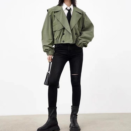 Autumn Womens Double Breasted Trench Coat Lapel Short Loose Long Sleeved Jacket - Bild 8 von 26