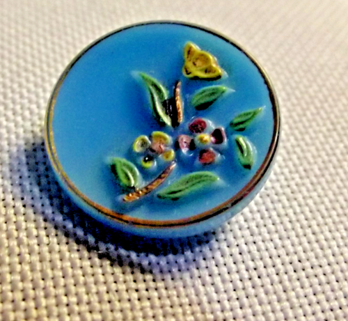 Botón de imagen de vidrio azul - flores multicolores, brillo dorado, BM (4574)