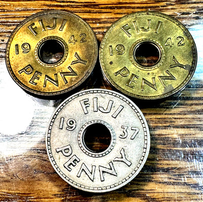 (3) Original Uncirculated Fiji Pennies 1937 & 1942 KM-7 and 7a CHRC