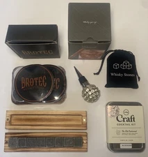 6pc Brotec Whiskey Cigar Glass Coasters Stones Cubes Bitters Wood Gift Box Set