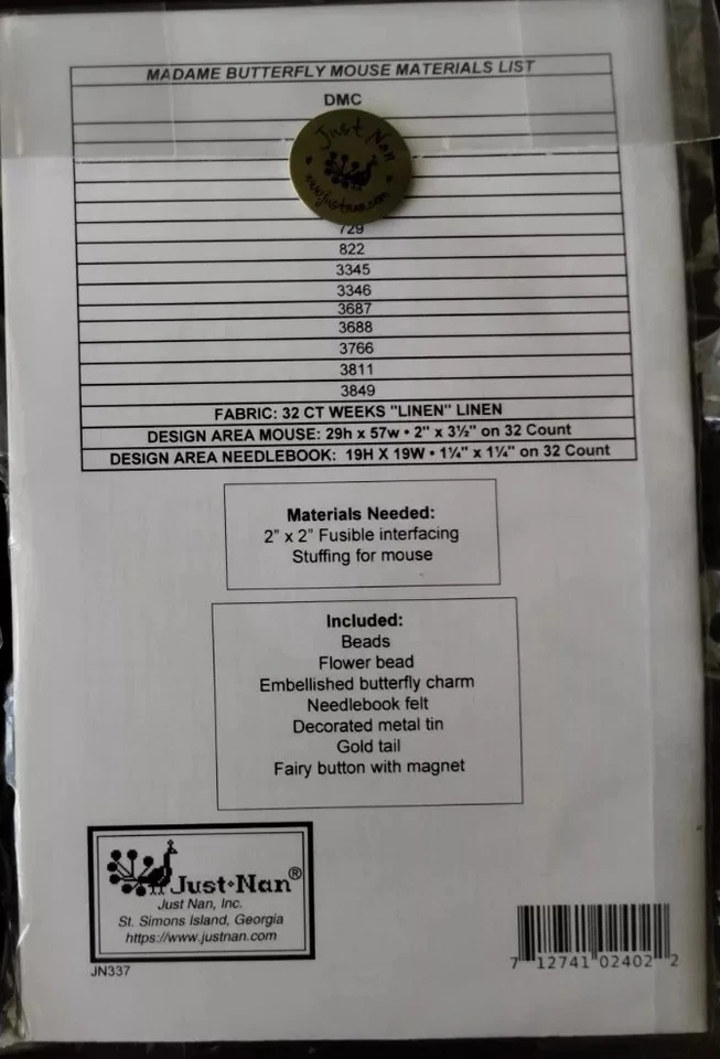 JUST NAN MADAME BUTTERFLY MOUSE ON TIN SET CROSS STITCH CHART, TIN & EMB. - Image 3 of 3