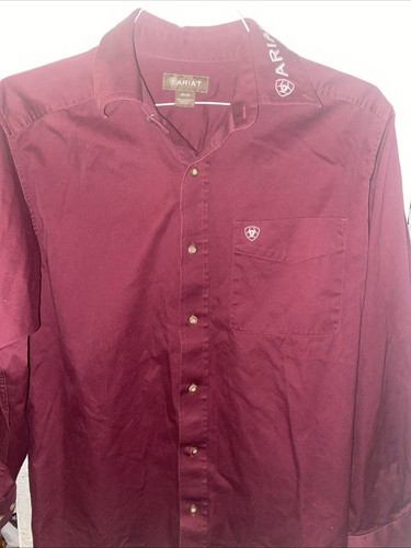 Ariat Long Sleeve Button Down Shirt Mens Size Medium Maroon Cotton Western Logo - Picture 9 of 15