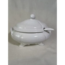 Vintage Footed Loucarte (Portugal) White 3 Quart Soup Tureen W/ Lid & Ladle PICS