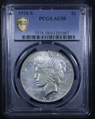 1928-S Peace Dollar - $1 PCGS AU58 - PCGS Gold Shield - Rainbow Toning 🌈