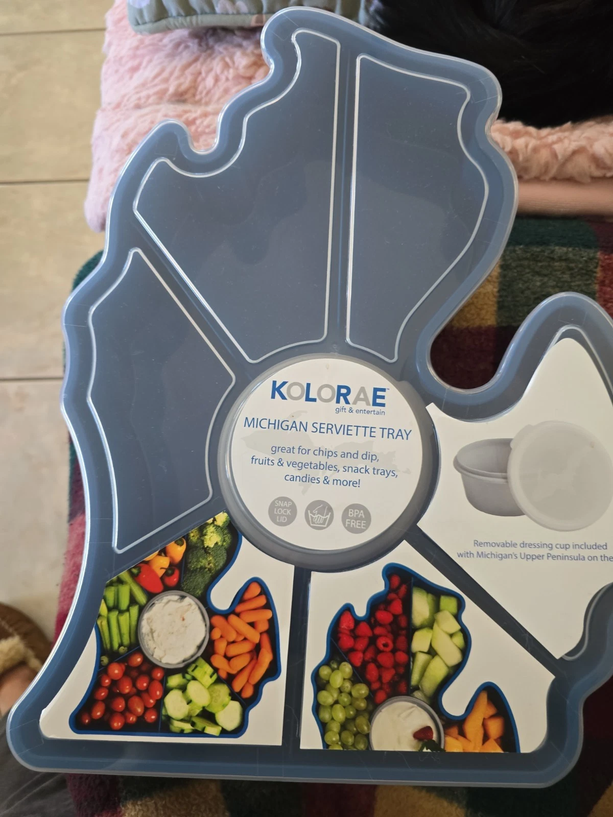 KOLORAE Michigan Shaped Serviette Tray Removable Dip Cup Snap Lock Lid Blue New