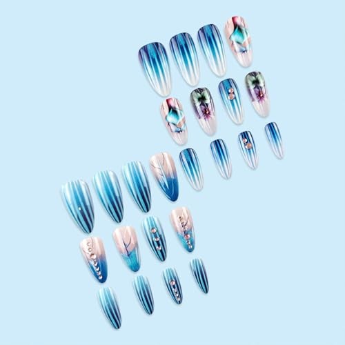 Almond Press on Nails Medium Fake Nails with Flower Flower Lines Rhinestones - Bild 2 von 7