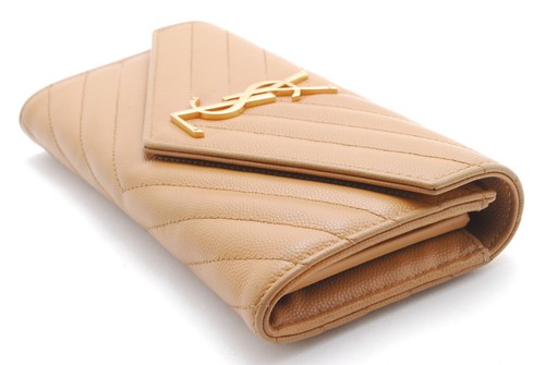 Saint Laurent Long Wallet Purse YSL Leather V stitch Beige - Picture 5 of 14