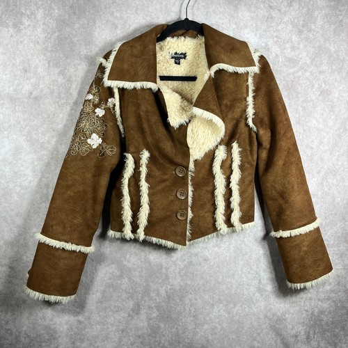Vintage Bebe Jacket S Brown Faux Suede Cropped Faux Fur Lining Embroidery Y2K