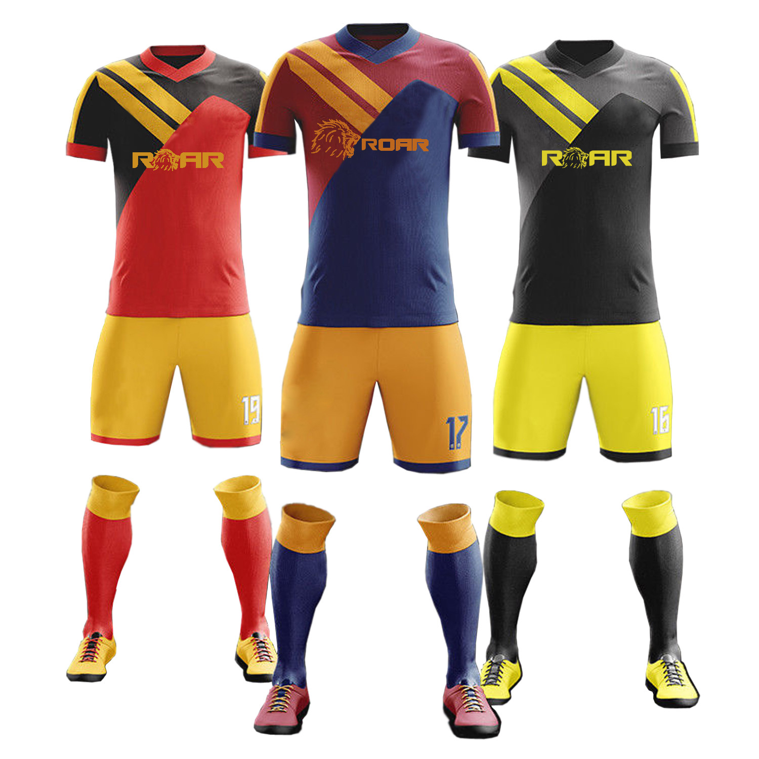 Conjunto de uniforme de fútbol Roar Camisas Pantalones cortos con nombre, número, logotipo y calcetines Club Wear Conjunto de uniforme de fútbol Roar Camisas Pantalones cortos con nombre, número, logotipo y calcetines Club Wear