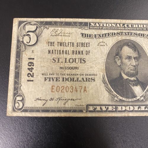 1929 $5 THE 12TH ST. National Bank OF ST. LOUIS, MO Five Dollar Note Brown Seal - Picture 2 of 6