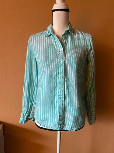 J Crew Perfect Shirt Green Striped Baird McNutt Irish Linen Top Size 4P Petite 4 - Picture 3 of 7