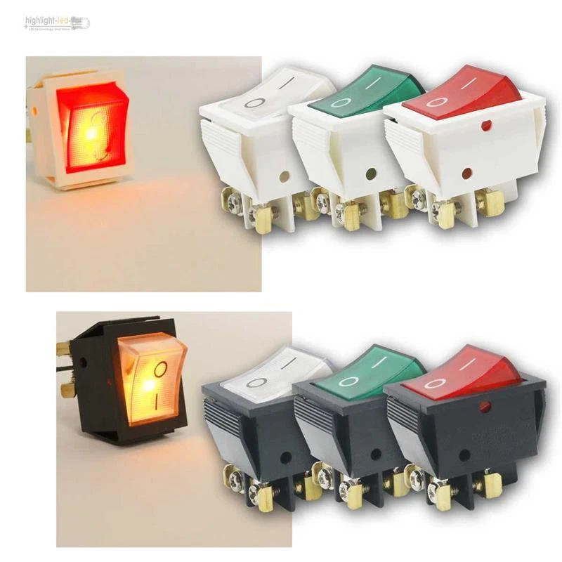 Set 4 Verlichte Wipschakelaars – Rood, Groen, Geel, Blauw, 2-polig 16A 250VAC, Inbouwmaat 28,5x21,9mm, Voor Apparaten