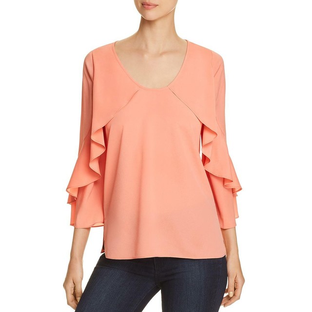 Le Gali Womens Annie Orange Bell Sleeve Ruffled Shirt Blouse Top M BHFO 9866