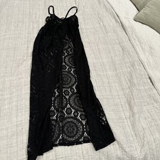 Forever 21 Black Lace Sheer Open Front Midi Maxi Coverup Swimsuit Hook Eye Small