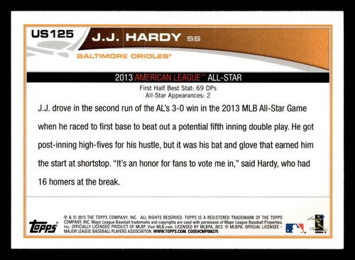 J.J. Hardy 2013 Topps Update #US125 Baltimore Orioles BUY3GET1FREE - Picture 2 of 2