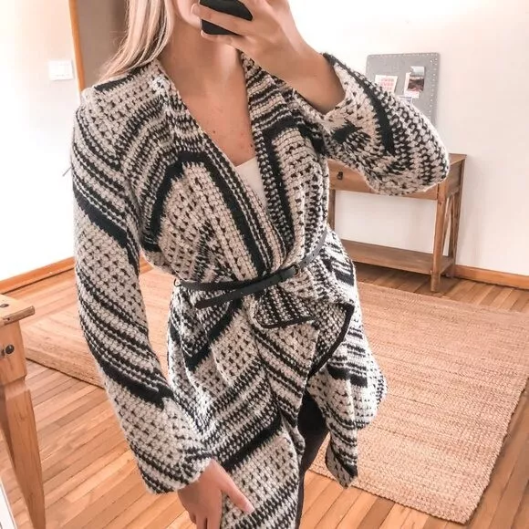 BA SH Ilda Long Open Knit Belted Lady Coat Classic Designer