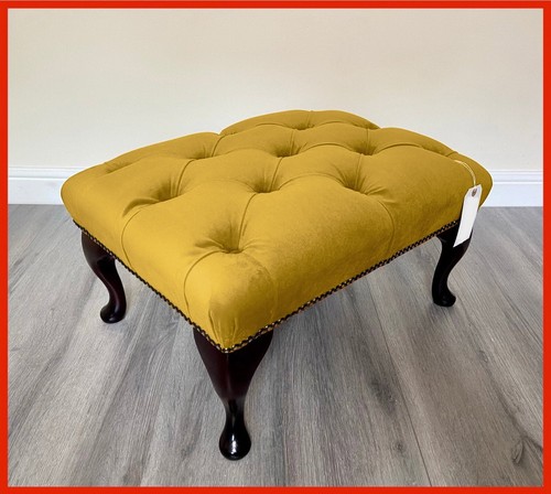 Chesterfield Queen Anne Button Yellow Velvet Footstool - Picture 1 of 7